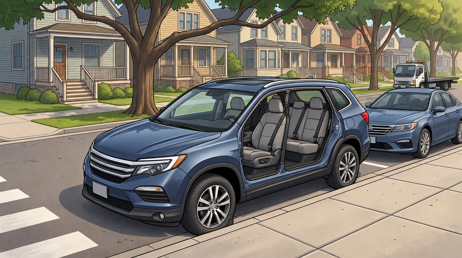 Illustration of an SUV parked on a residential street with a flat front tire, a tree branch overhead, a crosswalk in front, the front of another car parked behind it, a tow truck down the street, and a cutaway showing the passenger seats, seat belts, and a laptop and backpack in the cargo area