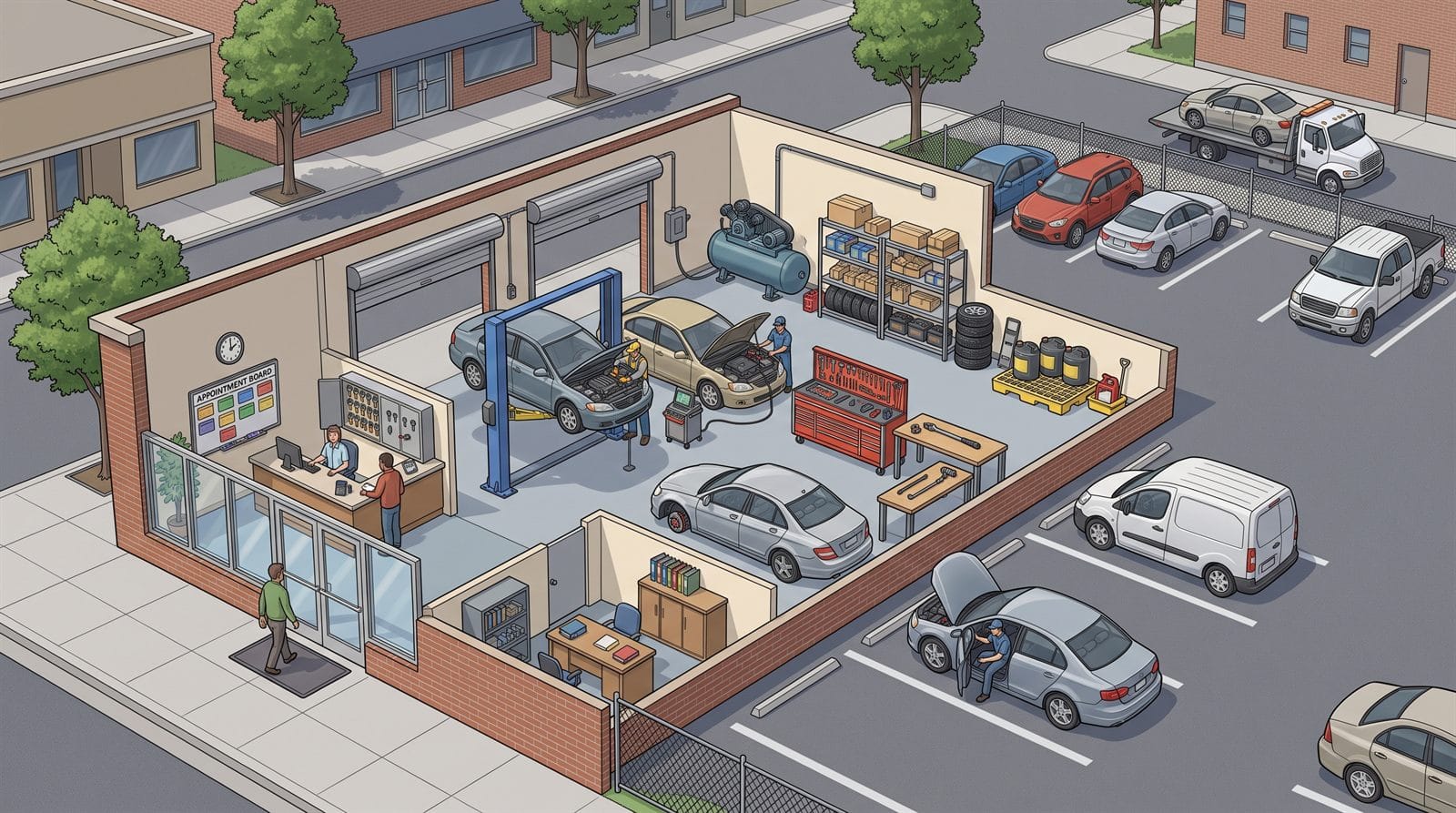 Cutaway illustration of an auto repair shop showing the waiting area and service counter, a car on the lift, service bays, tool chest and workbench, parts shelves and air compressor, used-oil containers, a manager's office, a fenced overnight lot, a service van, a tow truck with a car on the flatbed, and a technician preparing a car for a test drive