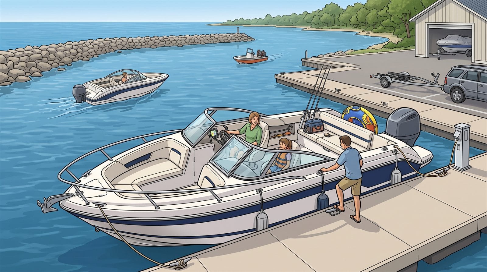 Illustration of a family bowrider at a harbor dock showing the hull, a guest boarding from the dock, seated passengers, an outboard motor, fishing rods and a tackle bag, a towable tube, a chartplotter at the helm, a fuel-fill cap, a bow cleat and anchor, a second recreational boat and an assistance boat in the harbor, an empty trailer in the parking area, and a covered boat inside a storage building
