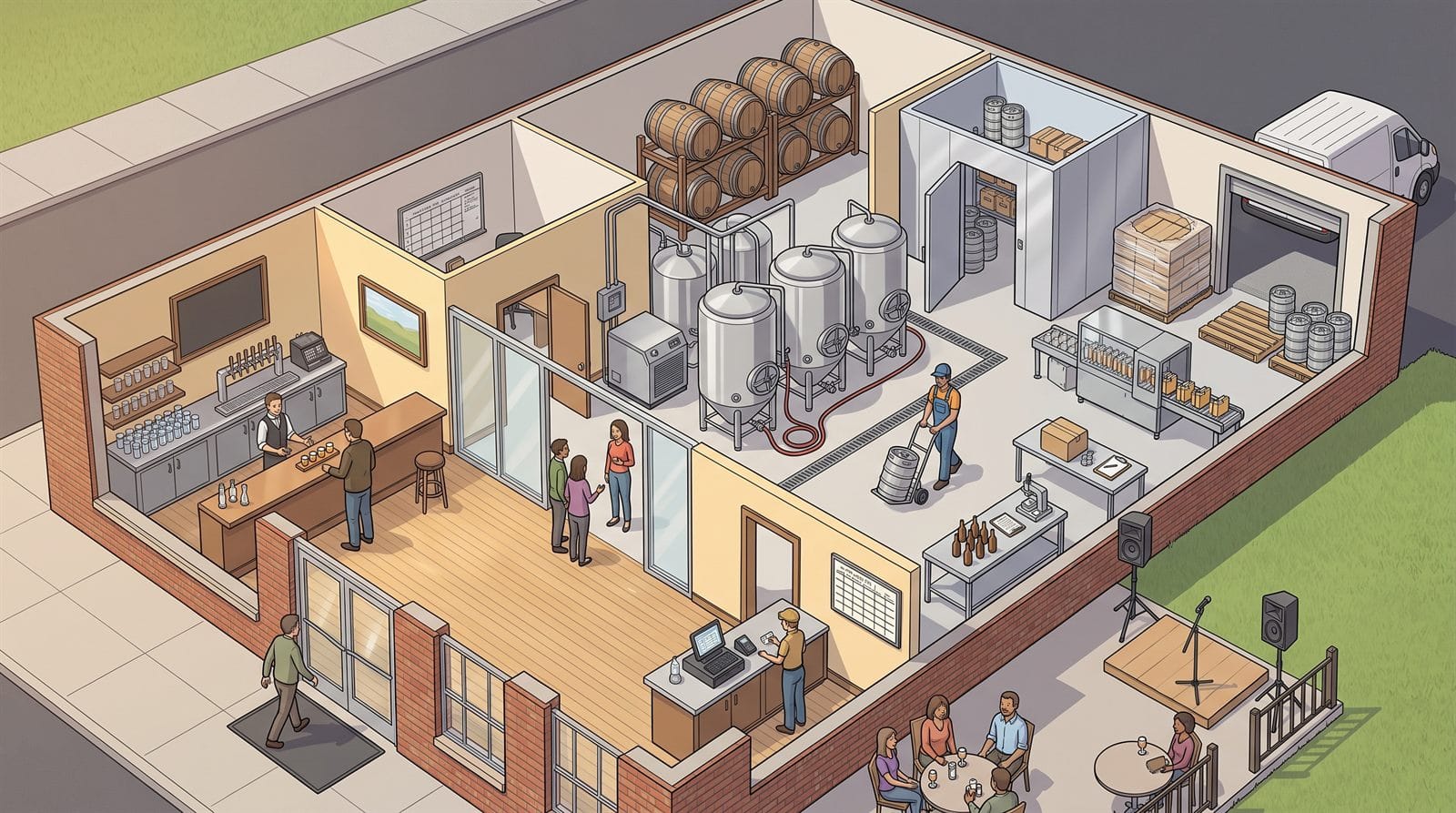 Cutaway illustration of a brewery showing the taproom bar, fermentation tanks, glycol chiller, barrel aging rack, canning line, cold storage, loading dock with kegs and a delivery van, a testing bench, a checkout counter, and a patio stage