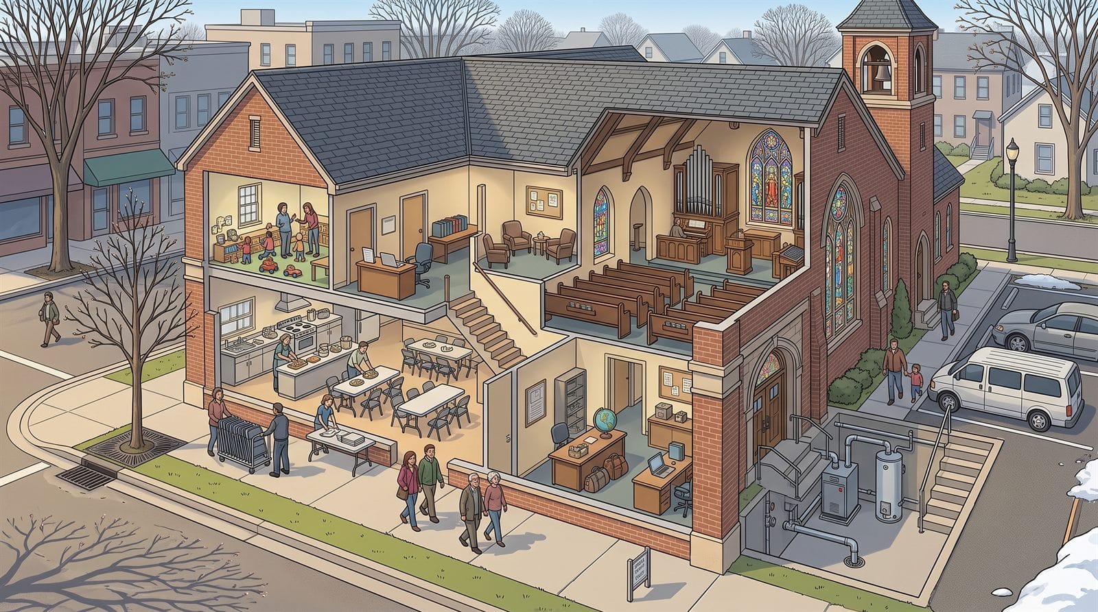 Cutaway illustration of a brick church showing the sanctuary, children's classroom, counseling office, fellowship hall kitchen, administrative offices, basement boiler, entrance steps, and a church van