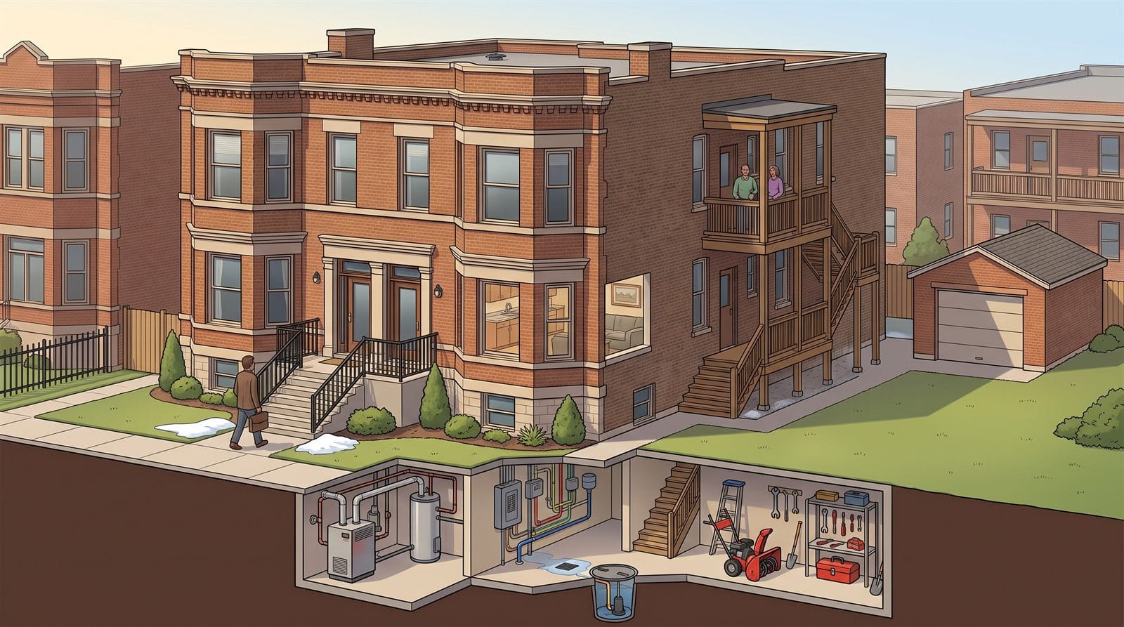 Illustration of a brick condo building showing the front facade and flat roof, a visitor on the front steps, residents on the rear porch, a detached garage, a first-floor unit window, and a basement cutaway with the boiler, water heater, electrical panel, plumbing, floor drain and sump pit, and an association-owned snowblower and tools