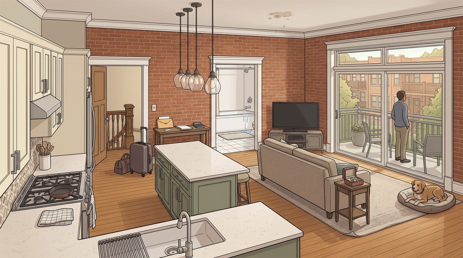 Illustration of a condo unit showing the kitchen island, the open entry door and shared stair landing, an envelope and calculator on the entry console, a bathtub overflowing, a water stain on the ceiling, the kitchen sink, a frying pan on the stove, a sofa and television, a suitcase and overnight bag, a guest and planter on the balcony, a curled rug edge, an open jewelry box, and a dog beside the sofa
