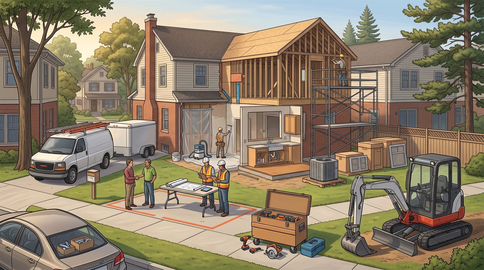 Illustration of a residential jobsite showing a partially framed addition with a worker on a scaffold, a contained demolition area, an installed sink, boxed cabinets and windows and an HVAC unit, a job box with power tools, a compact excavator, a work van and trailer, a passenger car with supplies, a homeowner shaking hands with a contractor, two tradespeople reviewing a contract, drawings on a planning table, a permit box, and the neighbor's fence