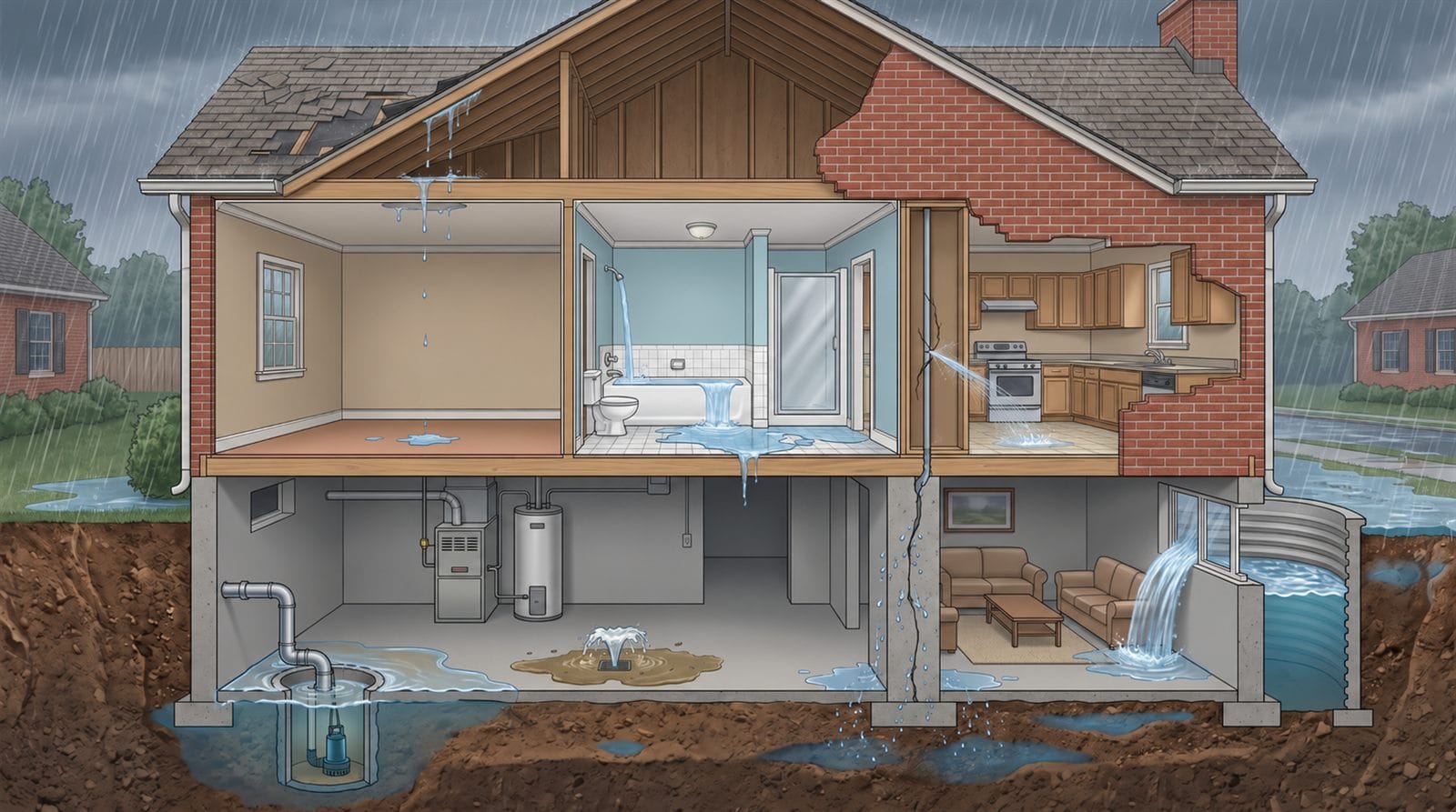 Cutaway illustration of a single-story brick home with an attic and full basement, in heavy rain, showing seven water problems: storm-damaged shingles leaking into the attic, an overflowing bathtub, a burst supply pipe in the kitchen wall, an overflowing sump pit, a backing-up basement floor drain, surface water pouring through a basement window well, and seepage through a cracked foundation wall