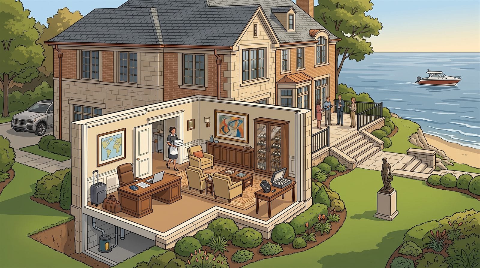 Illustration of a limestone and brick lakefront home with a slate roof, a cutaway study and living room showing custom furniture, an original painting, a wine cabinet, a jewelry case, a passport and laptop on the desk, a suitcase, and a household employee, plus a garden sculpture, guests on the terrace, a motorboat on the lake, the bluff and shoreline, a luxury SUV in the driveway, and a sump pump in the lower level