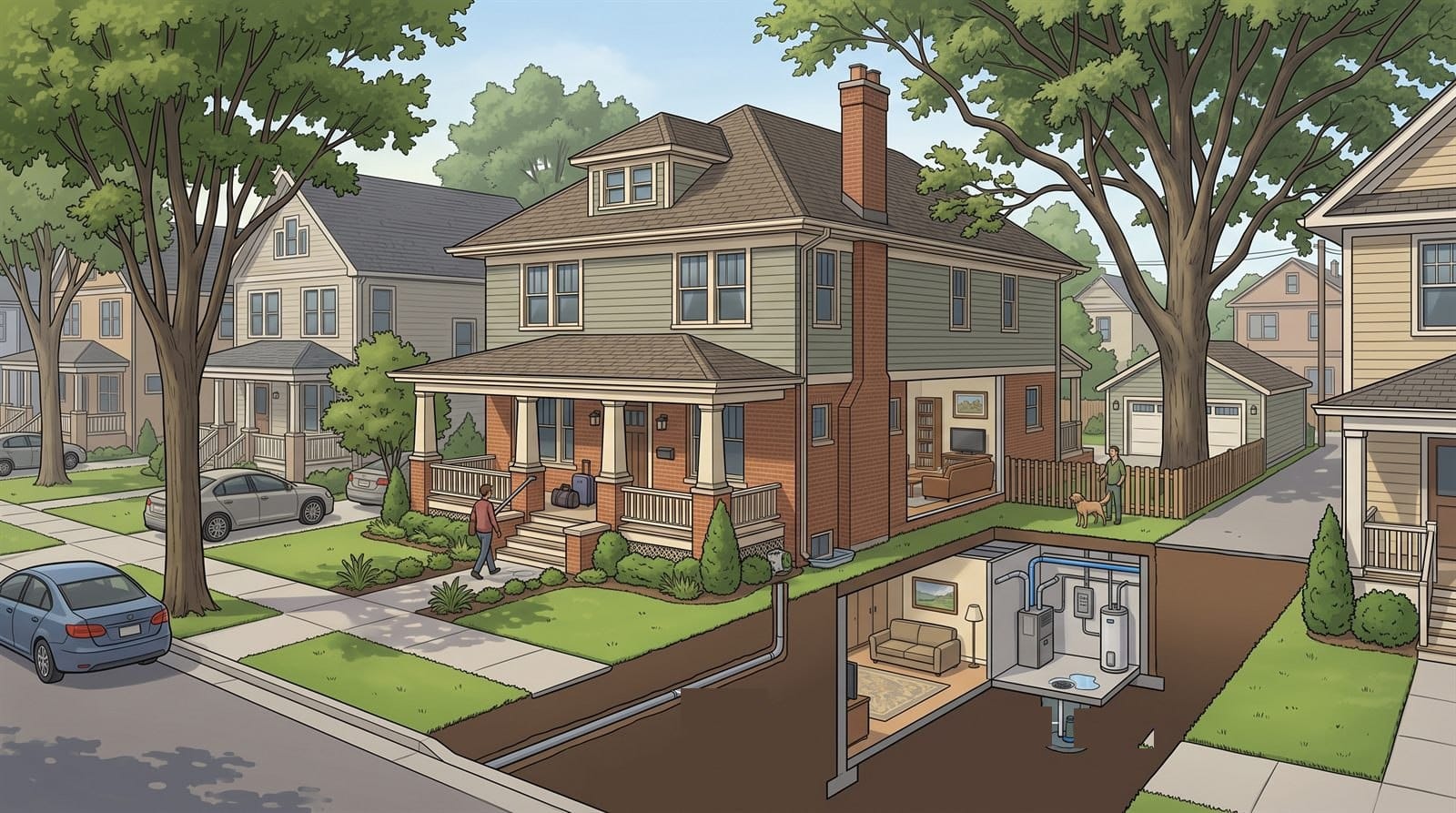 Illustration of an older brick home with a front porch, roof, mature tree, detached garage, side-yard fence with a dog, a visitor on the front walk, a suitcase by the door, a living room, and a basement cutaway showing a finished family room, electrical panel, furnace, water heater, overhead water pipe, sump pit and floor drain, a buried service pipe under the front yard, and a basement window well