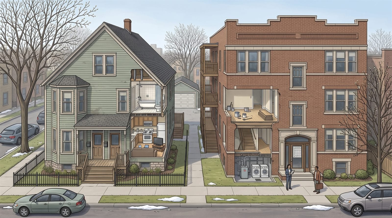 Illustration of a two-flat duplex with a cutaway bathroom and kitchen, front steps, a detached garage, and a brick apartment building with stacked rear porches, a shared stairwell, an empty apartment under renovation, a basement boiler and laundry room, a property manager holding a tablet, and a tenant at the entrance