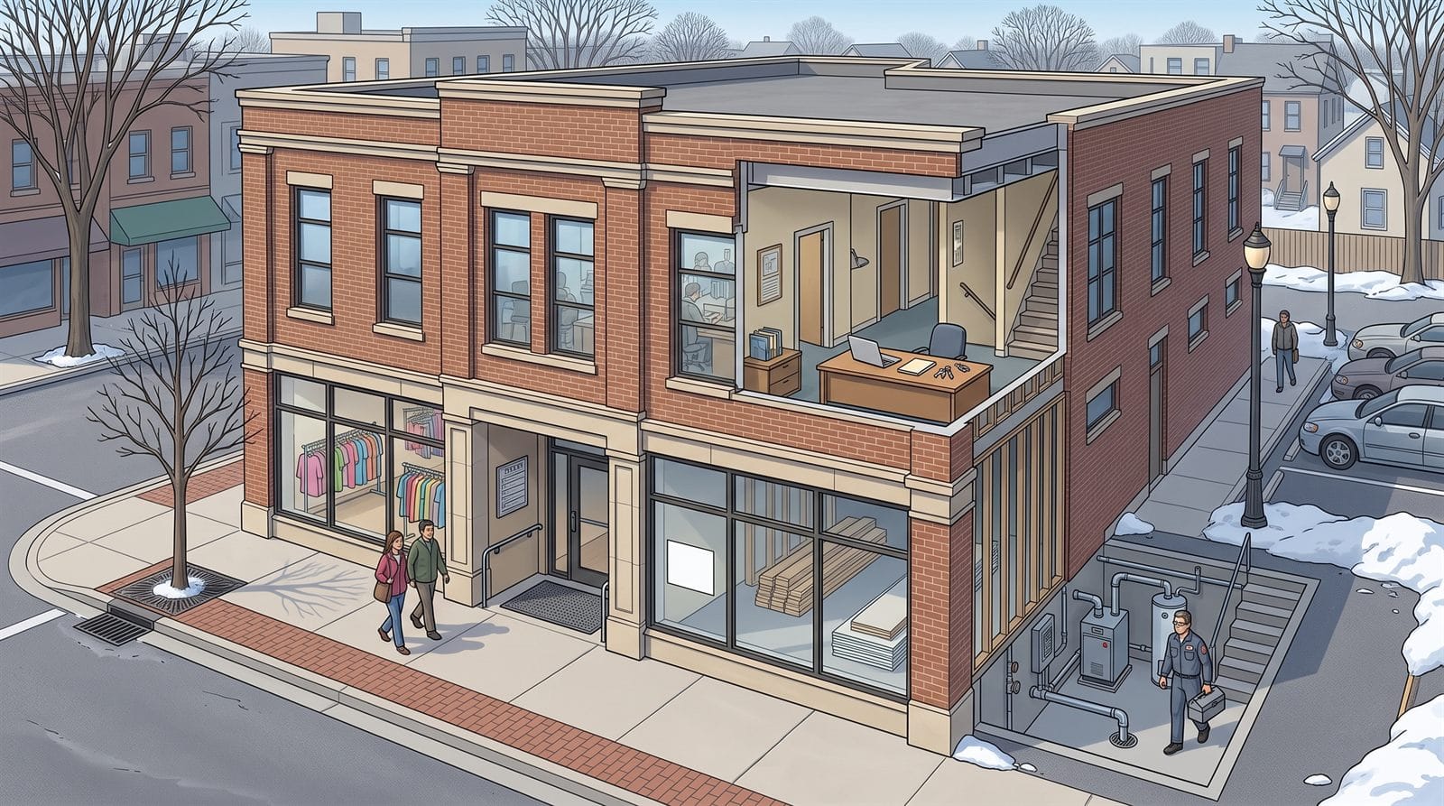 Cutaway illustration of a two-story brick mixed-use building with a boutique, a vacant storefront under renovation, a property-management office upstairs, a shared entrance, a basement boiler and water heater, and a parking area