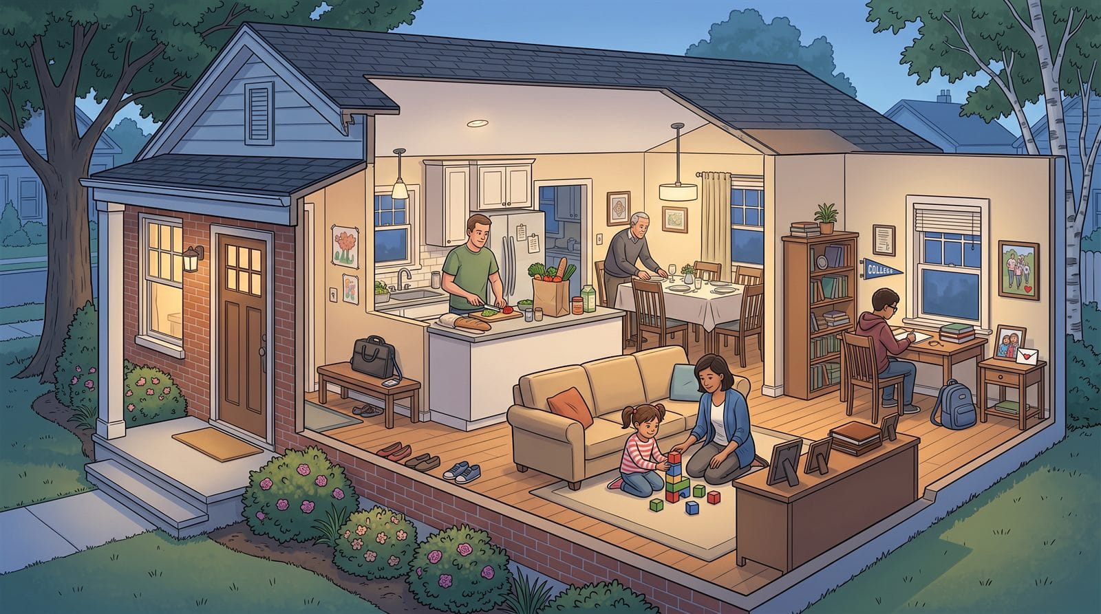 Cutaway illustration of a family home at dusk showing the front door and porch, a parent cooking beside a grocery bag, a work bag on the entryway bench, a grandparent setting the dining table, a parent and young child playing with blocks, a teenager at a homework desk under a college pennant, family photographs and a document folder, and a charity photograph with a donation envelope