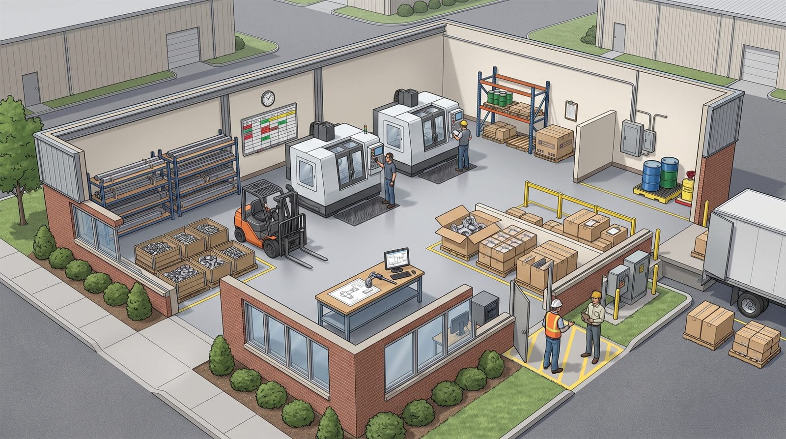 Cutaway illustration of a manufacturing plant showing CNC machines and an operator, a raw-materials rack and crates, an inspection bench with a caliper and drawing, an office with a production dashboard, finished parts in cartons, an inspection-hold area, a supplier pallet, machining-fluid drums, an electrical cabinet, a loading dock with a delivery truck, and a visitor in the marked pedestrian area