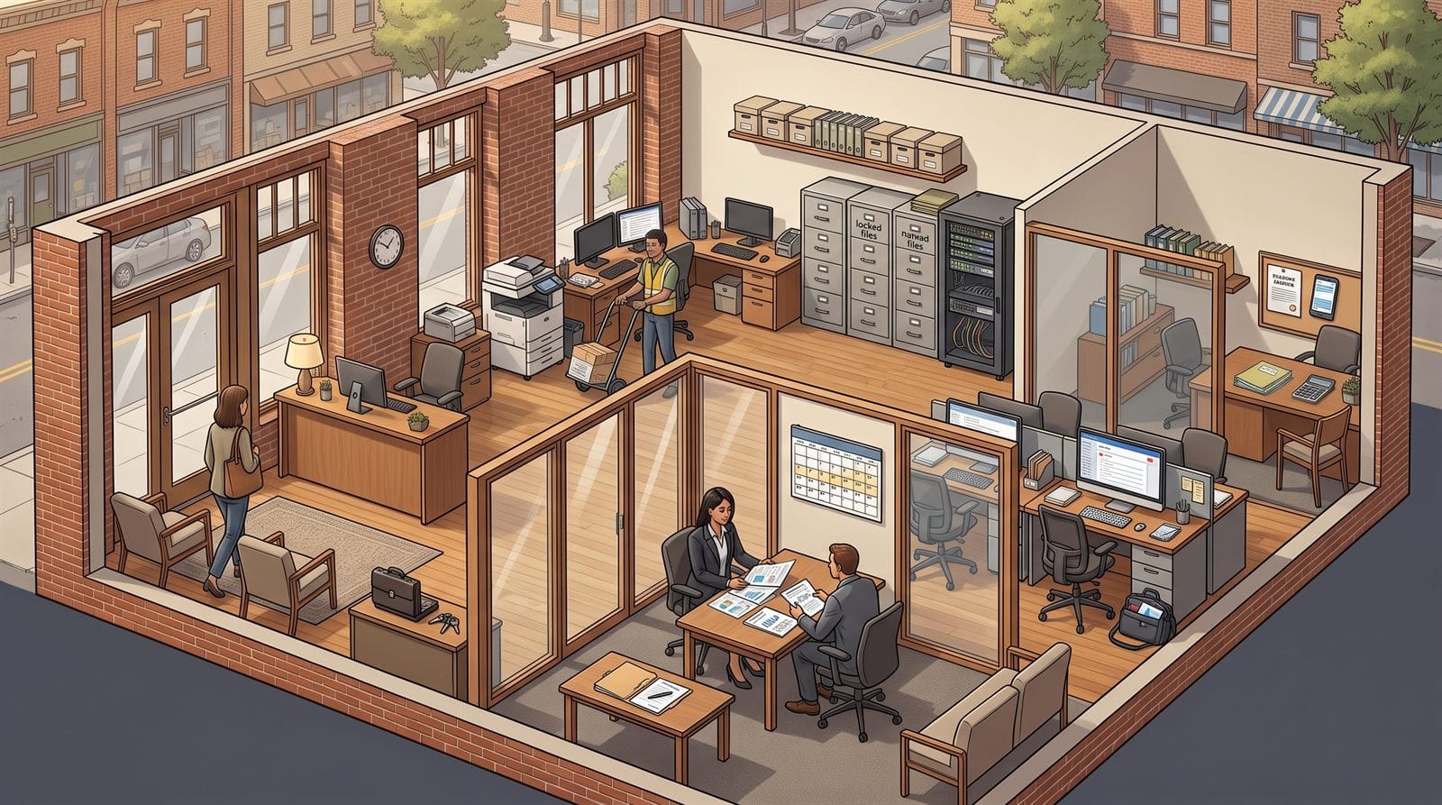 Cutaway illustration of a professional office showing a reception area with a visiting client, a conference room where a report is reviewed with a client, a wall calendar, a printer and workstations, filing cabinets and archival boxes, a network cabinet, an email inbox on a monitor, a laptop bag, and a manager's office with folders, a calculator, and a smartphone