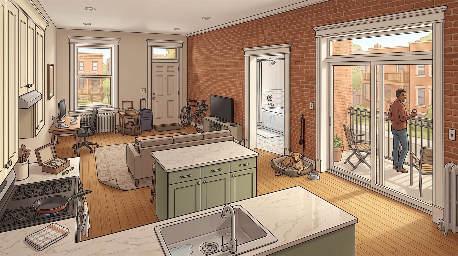 Illustration of a rented apartment showing a sofa and television, a frying pan on the stove, a bathtub overflowing, a guest on the balcony, a curled rug corner, a suitcase and overnight bag by the door, a bicycle, an open jewelry box, a dog on its bed, the kitchen sink, and an exposed brick wall