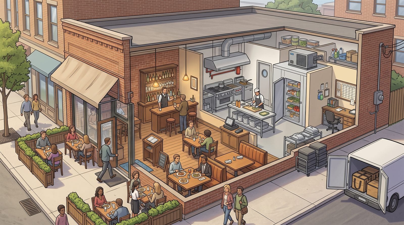 Cutaway illustration of a restaurant showing the sidewalk patio and entrance, the bar, dining tables, a host stand, a point-of-sale terminal, the kitchen range and hood, a cook at the prep counter, a walk-in refrigerator and compressor, a sanitation station, a manager's office with a safe, catering carriers at the service exit, and a delivery van