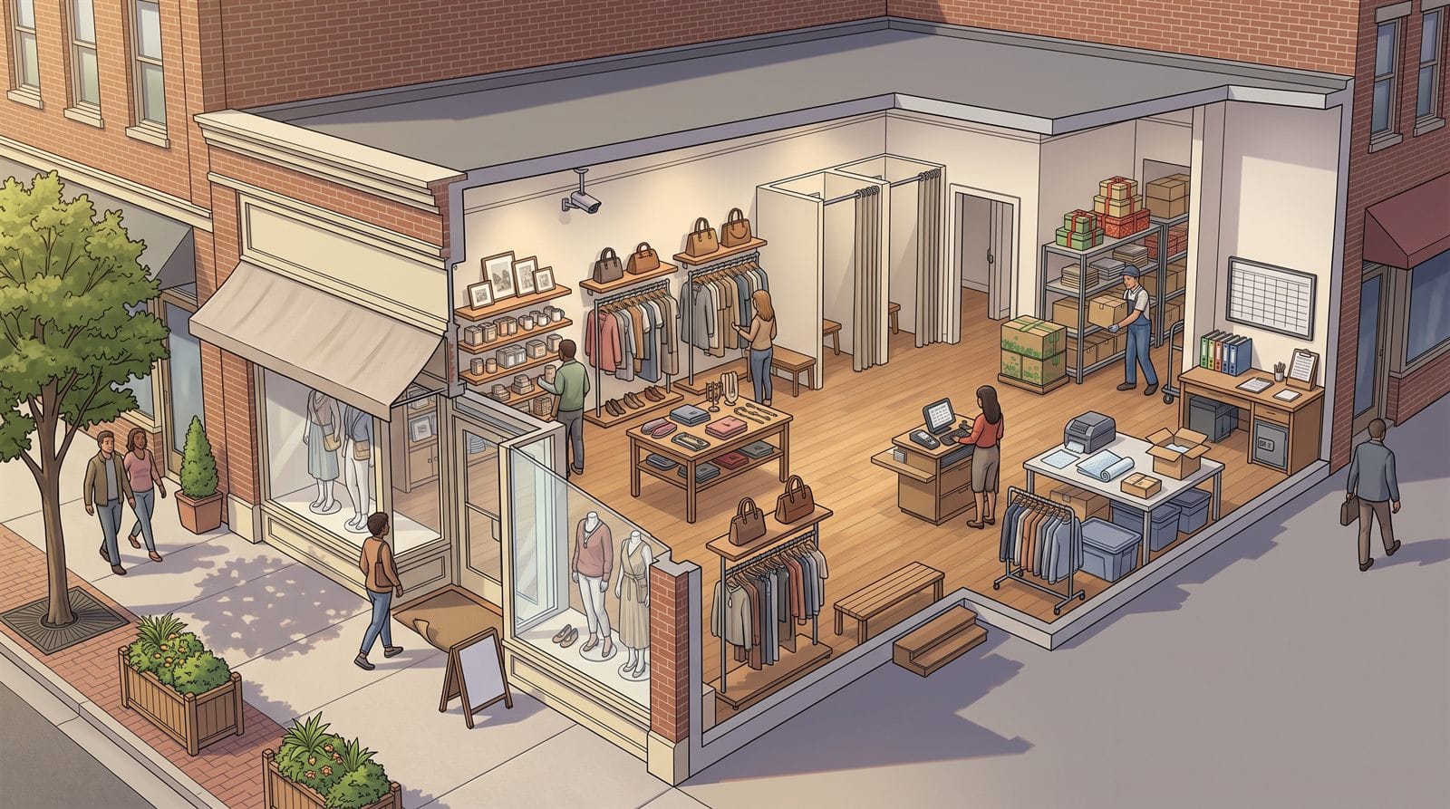 Cutaway illustration of a boutique showing the storefront window and entrance, clothing racks and merchandise tables, a handbag display, a point-of-sale counter, a stockroom with seasonal gift boxes, a shipping station with cartons and a label printer, a portable rack and bins, and a manager's desk with folders and a safe