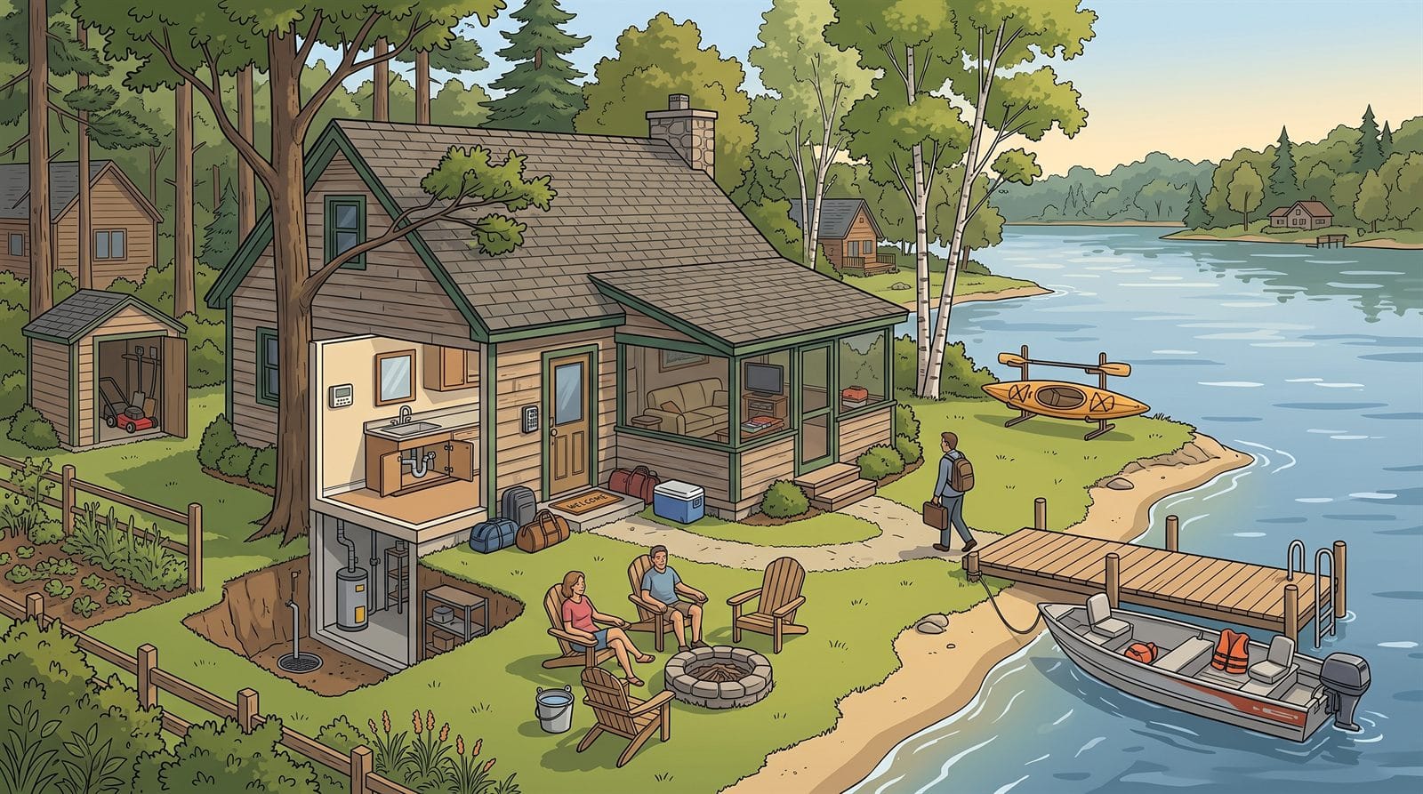 Illustration of a lakeside cottage with a cutaway kitchen showing a thermostat and sink plumbing, a basement with a water heater and floor drain, duffel bags and a cooler by the door, a keypad lock, a screened porch with a television, a tree leaning toward the roof, a detached shed, a firepit with chairs, a guest walking to the dock, a fishing boat with an outboard motor, a kayak on a rack, and the lake shoreline