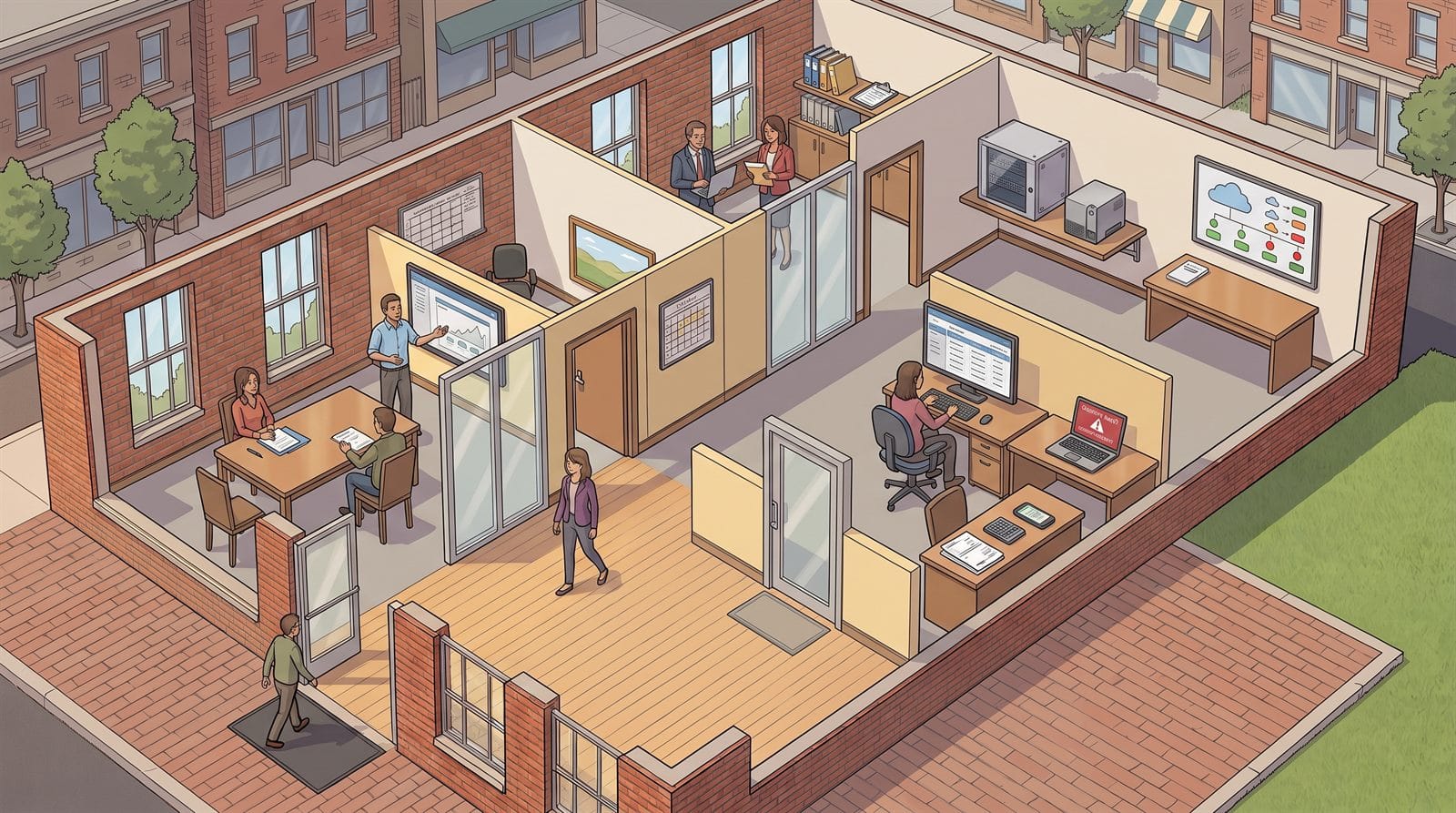 Cutaway illustration of a technology company office showing a meeting room with a client demonstration screen, a developer workstation, a laptop with a security alert, a network cabinet, a cloud-service dashboard, a finance desk, a leadership office, and the reception entrance