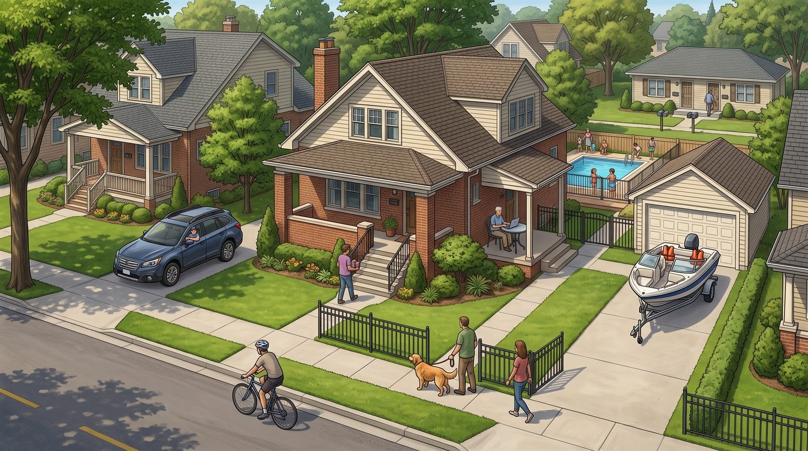 Illustration of a brick home on a suburban street showing a teen driver in the family SUV, a cyclist in the street, a family dog on a leash by the gate, a guest on the front steps, a person using a laptop on the porch, children at a backyard pool, a boat on a trailer in the driveway, and a neighboring duplex