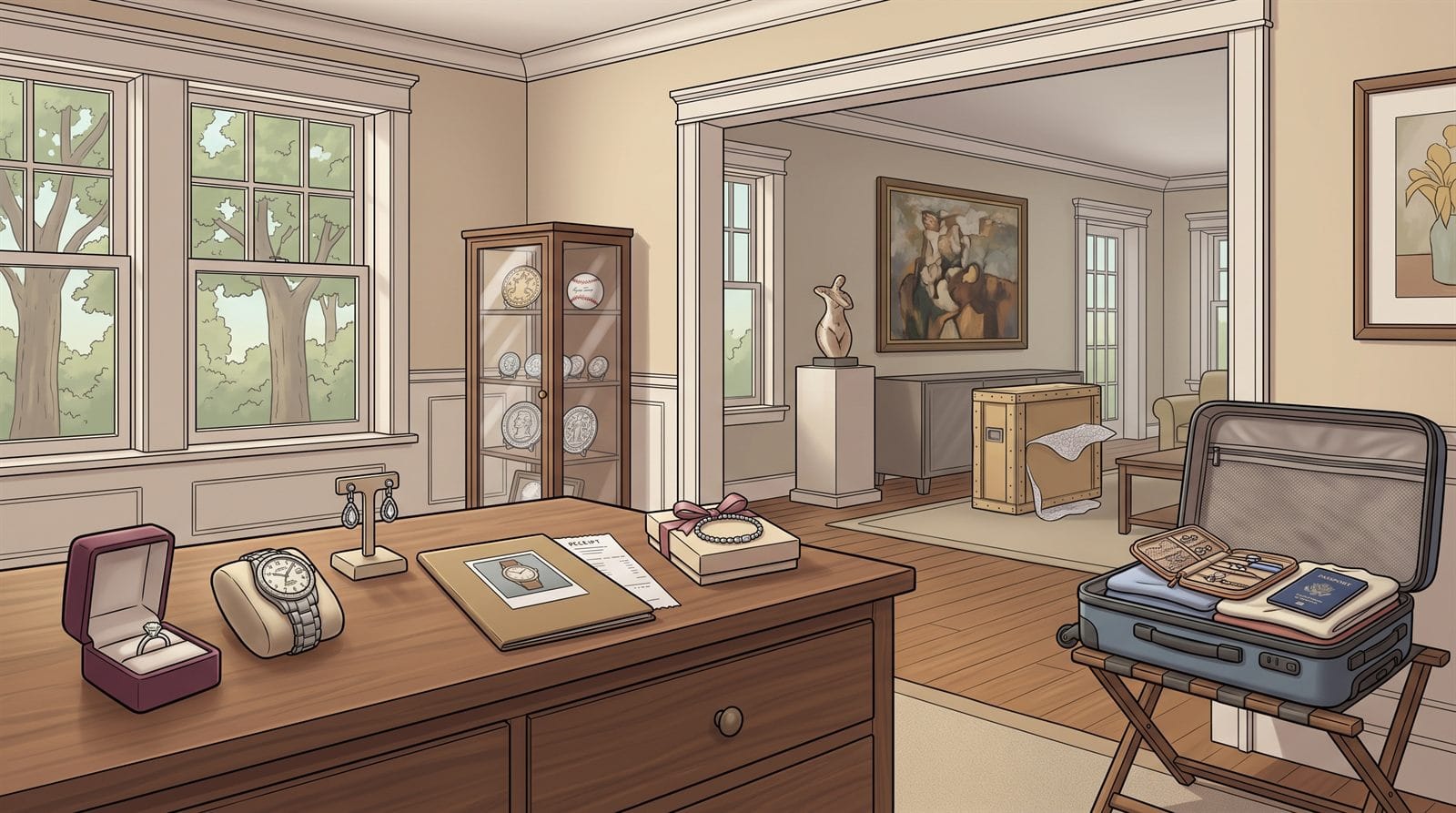 Illustration of a study showing an engagement ring in its box, a watch on a cushion, earrings on a display stand, an appraisal folder and receipt, a bracelet in a gift box, a display cabinet of coins and sports memorabilia, a ceramic sculpture on a pedestal, an original painting, a padded art crate, and an open suitcase with a travel jewelry organizer and passport