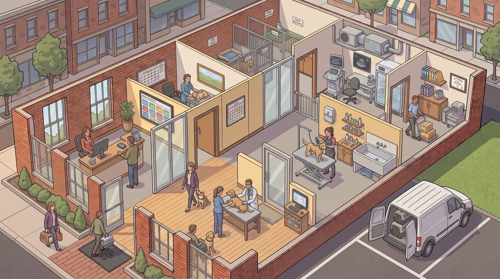Cutaway illustration of a veterinary clinic showing the reception desk, waiting area, examination table, grooming table, kennels, treatment equipment, utility room, manager's office, and a transport van outside