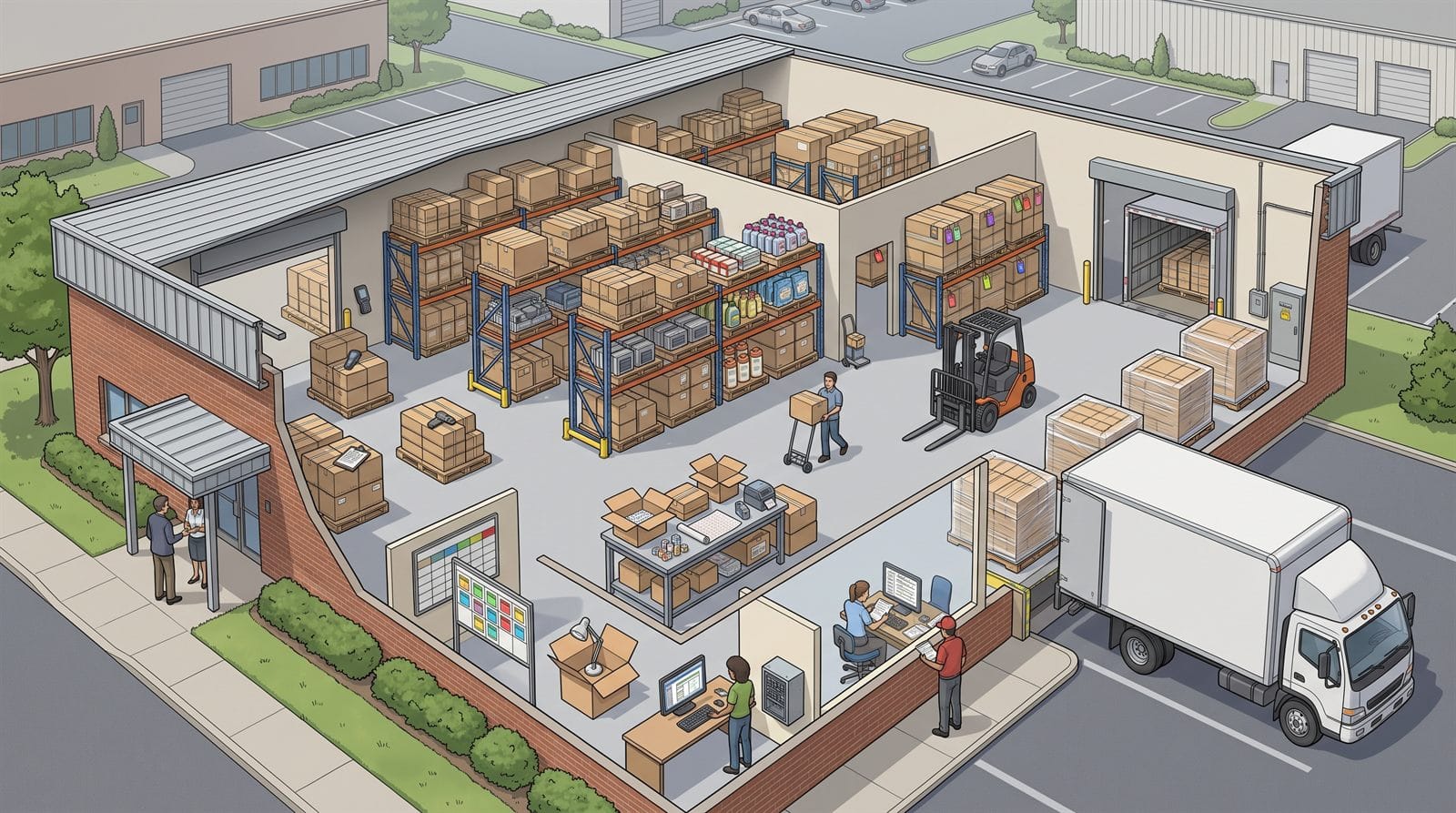 Cutaway illustration of a distribution warehouse showing inventory racks, a separate customer-goods storage bay, a loading dock with an open trailer, a box truck, a packing station, a shipping office with computers and documents, a receiving pallet, an order-status board, and a visitor at reception