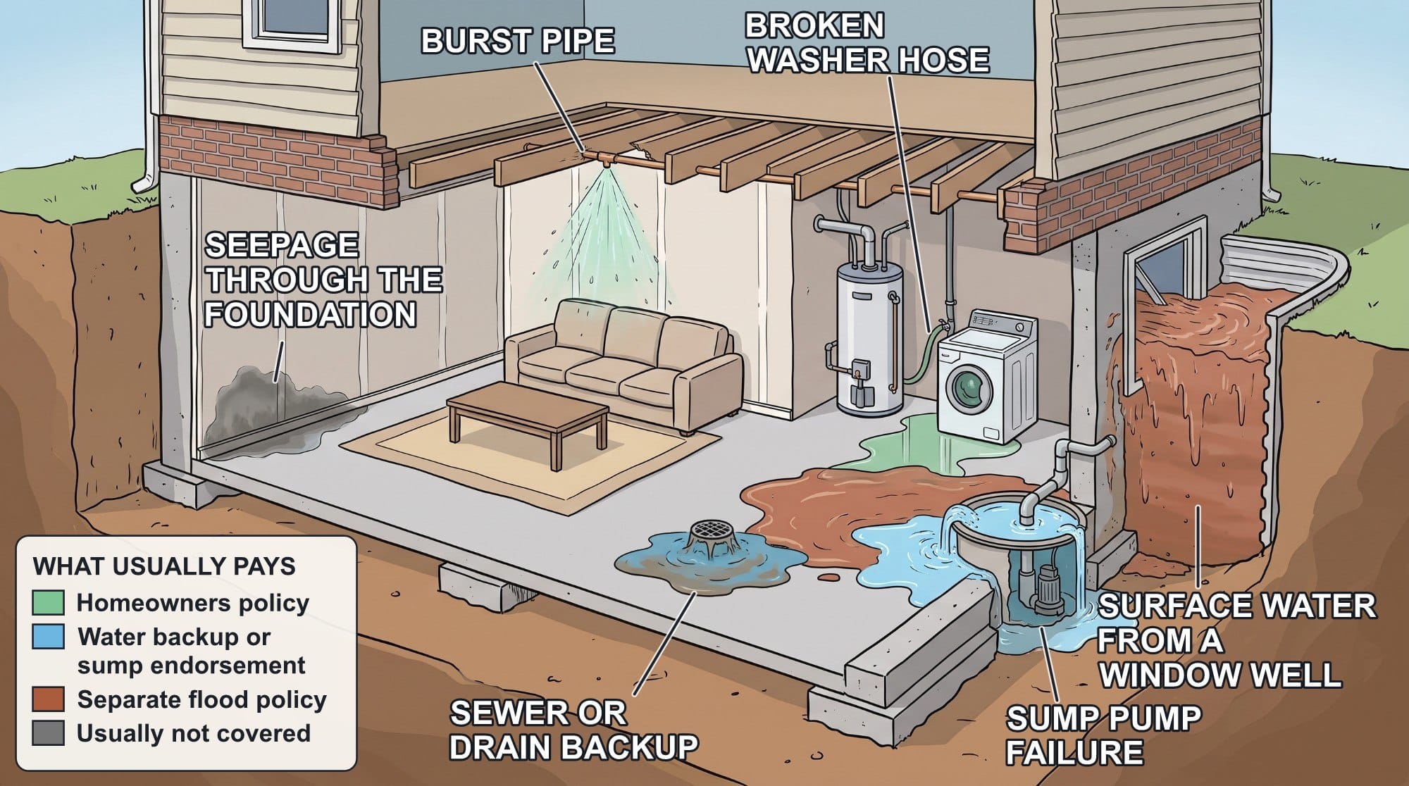 Cutaway of a finished basement showing six ways water gets in: a floor drain backing up, an overflowing sump pit, surface water from a flooded window well, a burst pipe in the ceiling joists, a broken washing machine hose, and seepage through the foundation wall, colour-coded by which policy usually pays