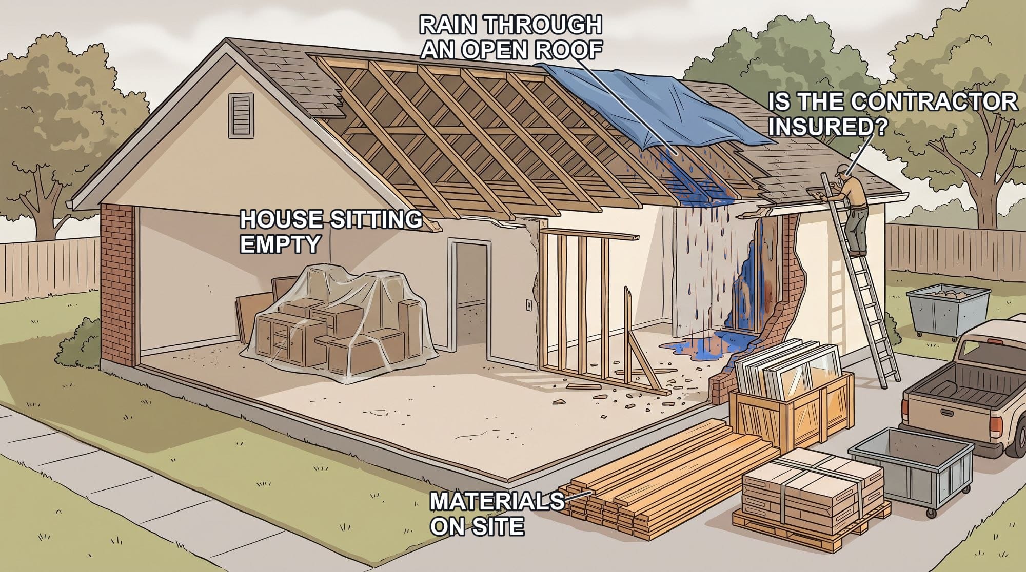 Cutaway of a house mid-renovation: rain falling through an opened roof, furniture under plastic in empty rooms, lumber, windows and tile stacked in the driveway, and a contractor on a ladder