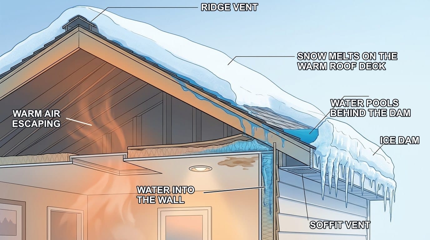 Cutaway of a house in winter showing warm air escaping into the attic, snow melting on the warmed roof deck, meltwater refreezing into an ice dam at the cold eave, water pooling behind the dam and getting into the wall and ceiling, with a ridge vent and a soffit vent