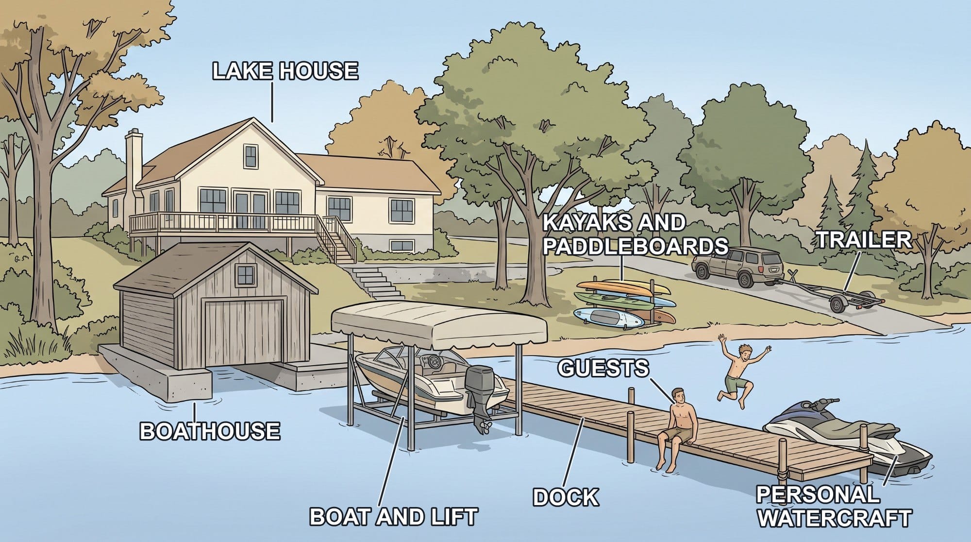A lake house shoreline with labelled items: the house, a boathouse, a boat on a lift, a wooden dock, a personal watercraft, kayaks and paddleboards, a boat trailer behind an SUV, and guests on the dock