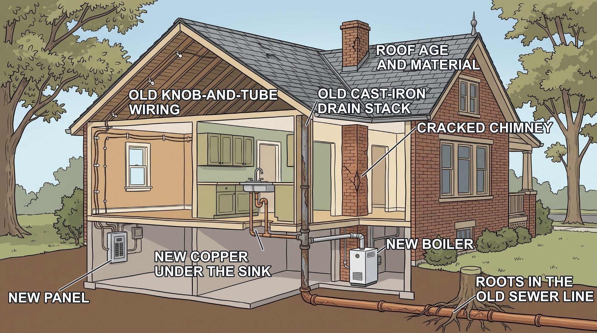 Cutaway of an older brick house showing new parts beside old ones: a new breaker panel feeding old knob-and-tube wiring, new copper under the sink draining into a rusted cast-iron stack, a new boiler in front of a cracked chimney, and tree roots in the old clay sewer line