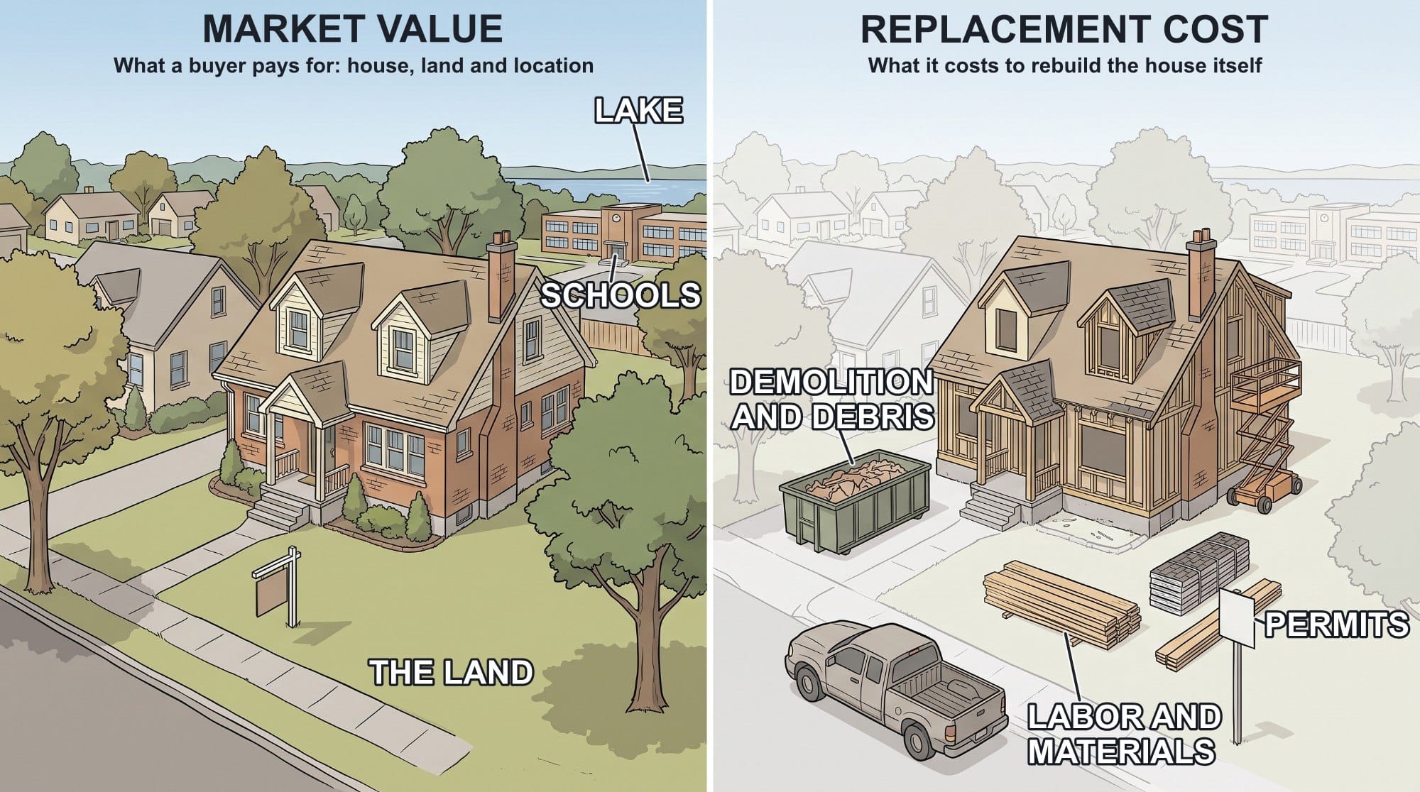 Two panels of the same house. Market value: the house in full colour with its land, trees, neighbouring homes, school and lake. Replacement cost: the house being rebuilt, with a debris dumpster, lumber, shingles and a permit sign, while the land and surroundings fade out