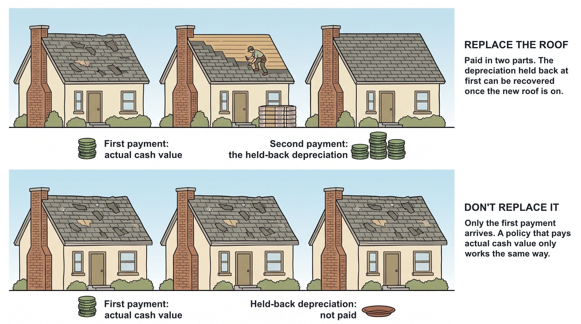Two rows of the same hail-damaged house. Top row: the roof is replaced and the claim pays twice, actual cash value first and the held-back depreciation after. Bottom row: the roof is not replaced and only the first payment arrives, leaving an empty dish