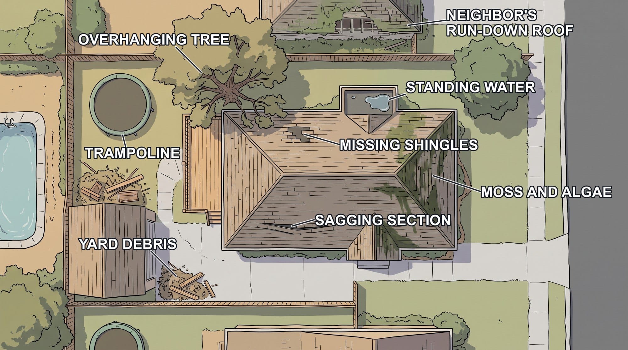 Top-down aerial view of a house and yard with labelled problems: missing shingles, a sagging roof section, moss and algae, standing water on a flat roof, an overhanging tree, a trampoline, yard debris and a neighbor's run-down roof