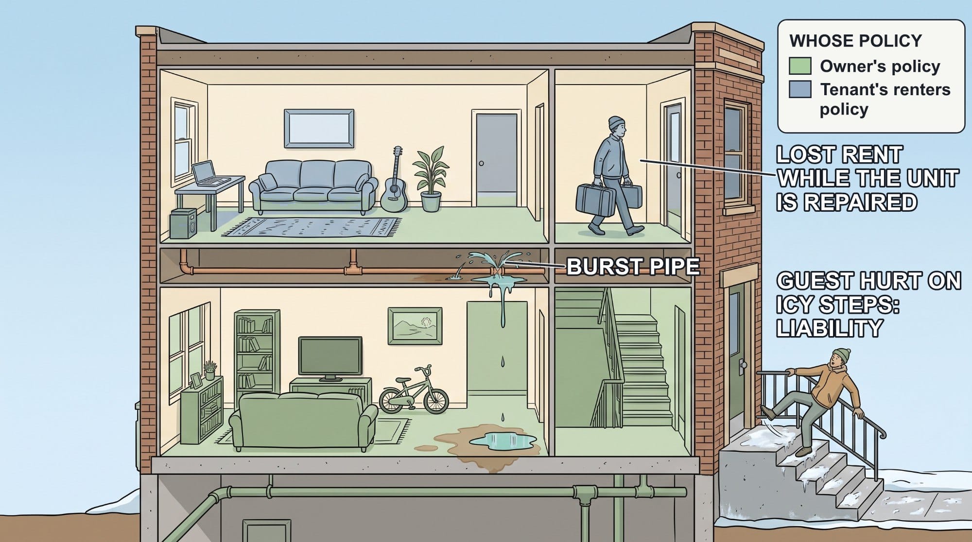 Cutaway of a Chicago two-flat: the building and the owner's apartment downstairs tinted green, the tenant's belongings upstairs tinted blue, a burst pipe between the floors leaking into the owner's unit, the tenant leaving with suitcases, and a visitor slipping on icy front steps