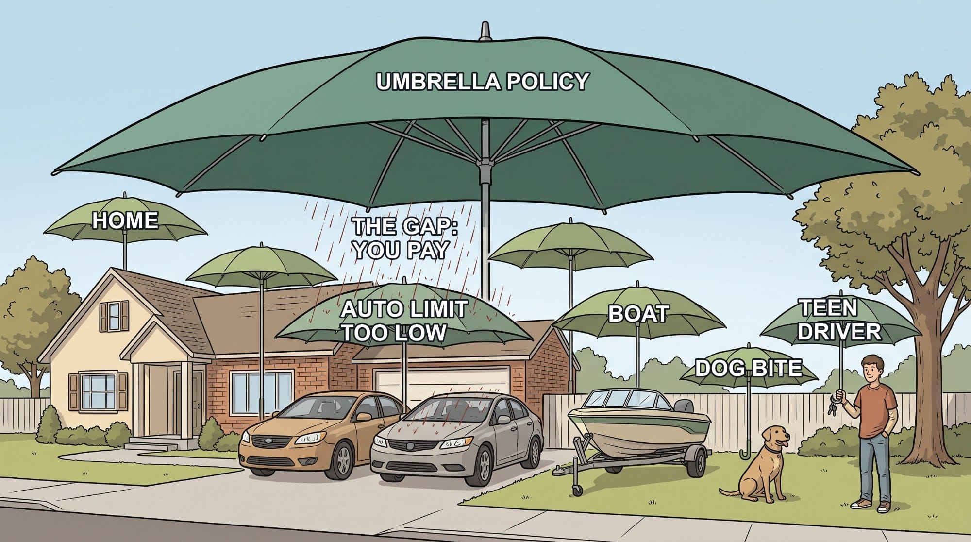 A household under one large green umbrella labelled umbrella policy, with smaller umbrellas over the home, boat, dog and teen driver; the umbrella over the two cars sits too low, leaving a gap where rain falls on the cars