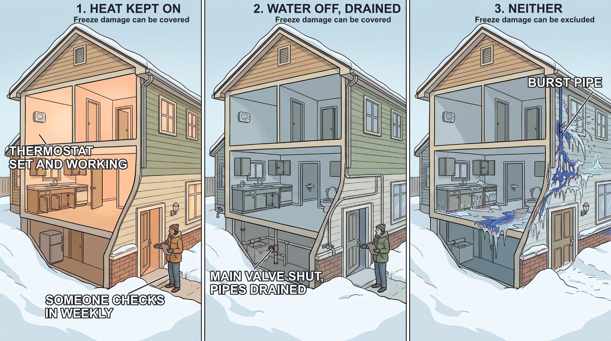 Three panels of the same house in January snow: heat kept on with a neighbor checking in, water shut off and drained, and neither, with a burst pipe frozen down the wall